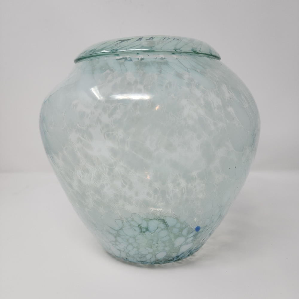 Glass Confetti Splatter Vase 5.5x8" Rolled Rim Light Blue Handmade Mouth Blown‎